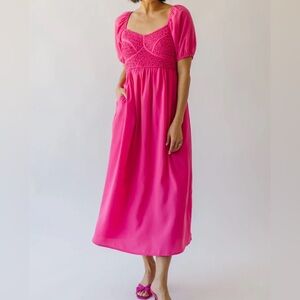 Piper & Scoot Hot Pink Midi Dress with Smocked Bodice